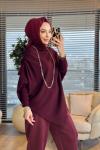 161  Asimetrik Omzu Drapeli Triko Tunik Bordo