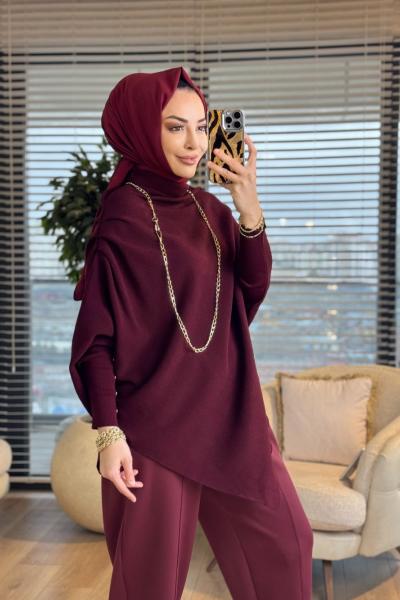 161 Asimetrik Omzu Drapeli Triko Tunik Bordo