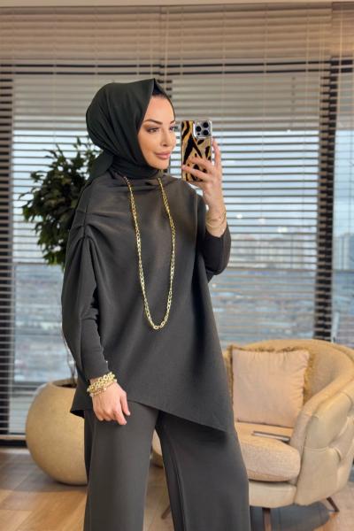 161 Asimetrik Omzu Drapeli Triko Tunik Haki