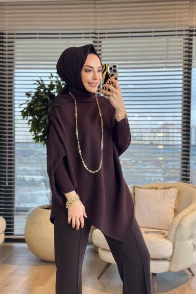 161 Asimetrik Omzu Drapeli Triko Tunik Kahve