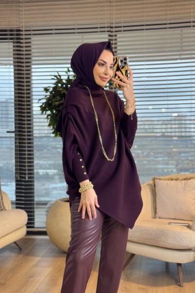 161 Asimetrik Omzu Drapeli Triko Tunik Mürdüm