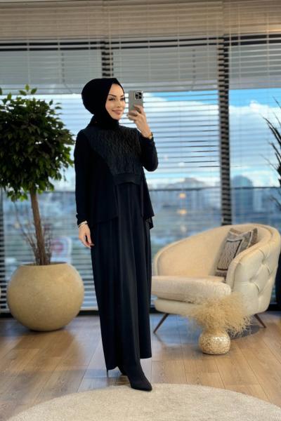 16110 Üst Kabartma Kumaş Bluzlu 2li Elbise Siyah