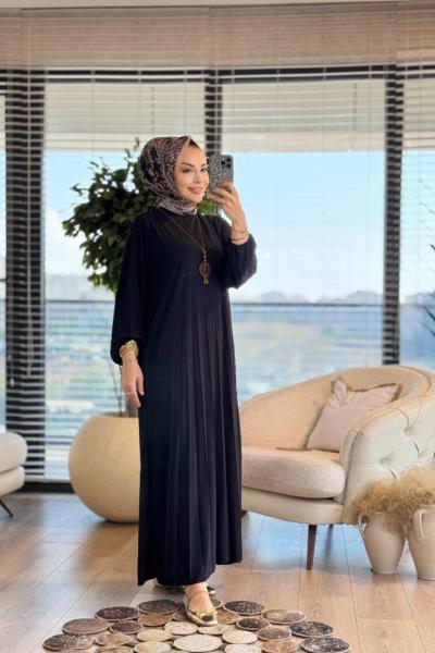 1620 Piliseli Balon Kol Elbise Siyah