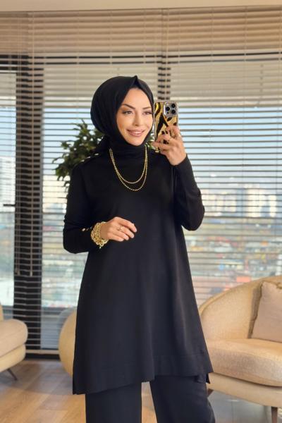 165 Omzu Düğmeli Triko Tunik Siyah