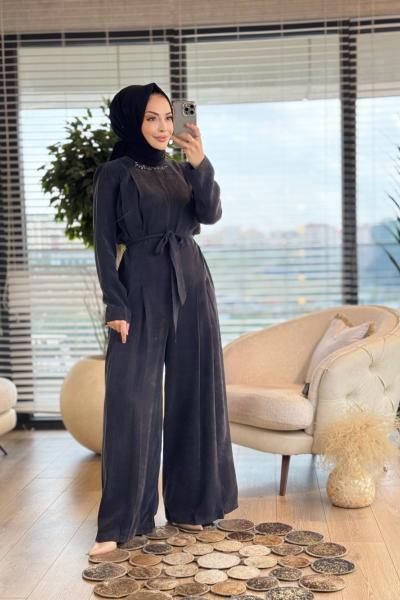 17-1016 Yakası Taş İşlemeli Tulum Siyah