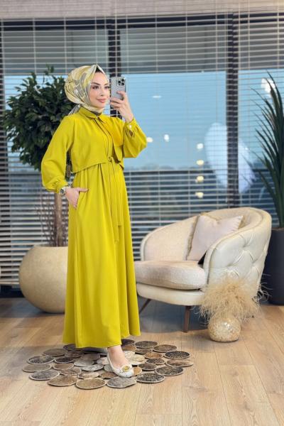 1902 Linda Gizli Patlı Elbise Yağ Yeşili