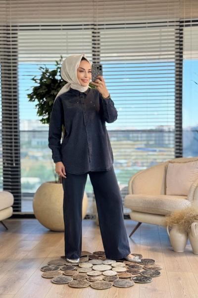 1959 Tencel Üstü Komple Taş Baskılı Gömlek Siyah