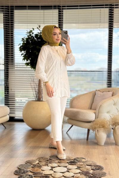 2001 Fisto Dantel Güpürlü Tunik Ekru