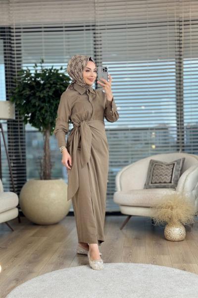 20019 Keten Yandan Bağlamalı Elbise Haki
