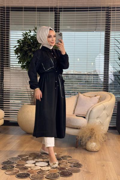 2003 Kol Ve Cebi Tül Üstü Kabartma Desenli Kap Siyah