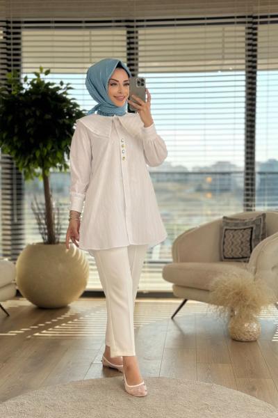 2005 Mendil Yaka Varak Çizgili Gömlek Ekru