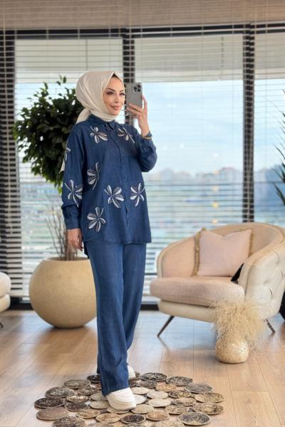 2008 Serpme Yaprak Nakışlı Tencel Gömlek Koyu Mavi