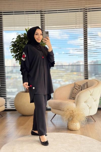 2020 Kolları Kare Desen Parçalı 3lü Takım Siyah