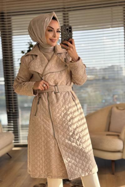 20212 Kendinden Desenli Fermuarlı Kaban Bej