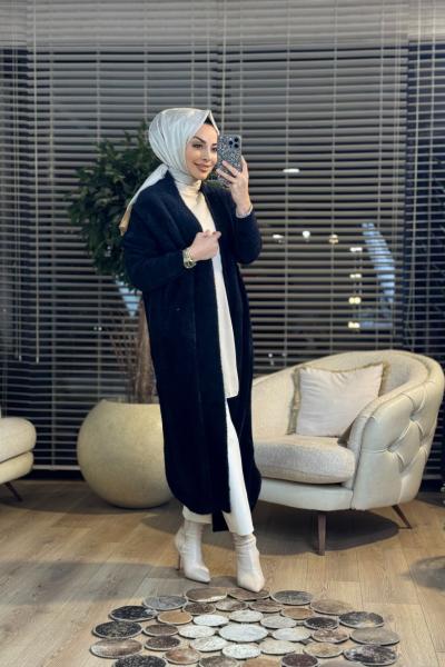 2025 Saçak Uzun Hırka Siyah