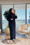 2027 Üç Sıra V Motif Örgülü Triko Elbise Siyah