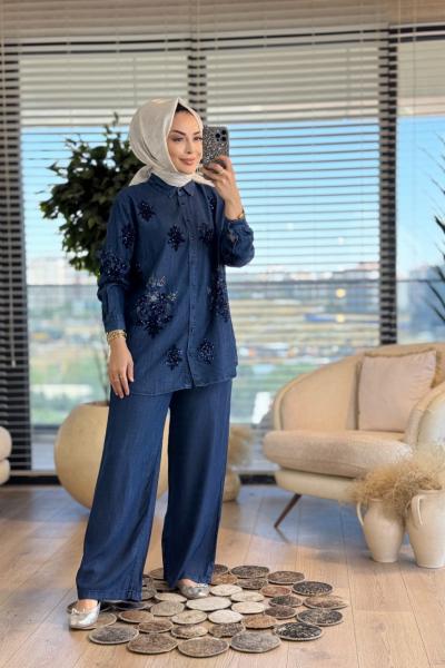 2030 Tencel Kol Ön Pul Nakış Gömlek Koyu Mavi