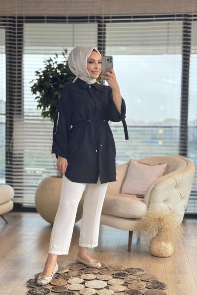 2043 Omuzu Tül Üstü Kabartma Desenli Kısa Kap Siyah