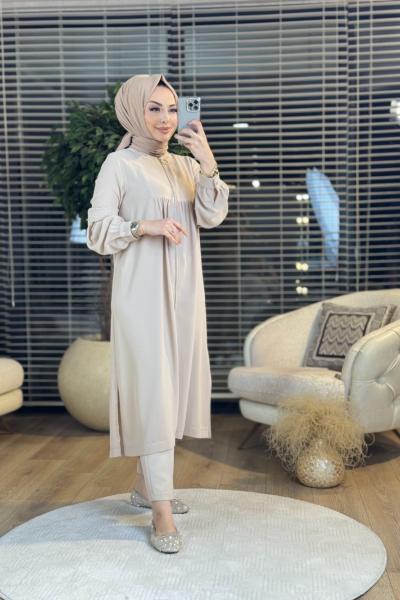 2051 Yaka Ve Kol Zımba Detaylı Kap Bej