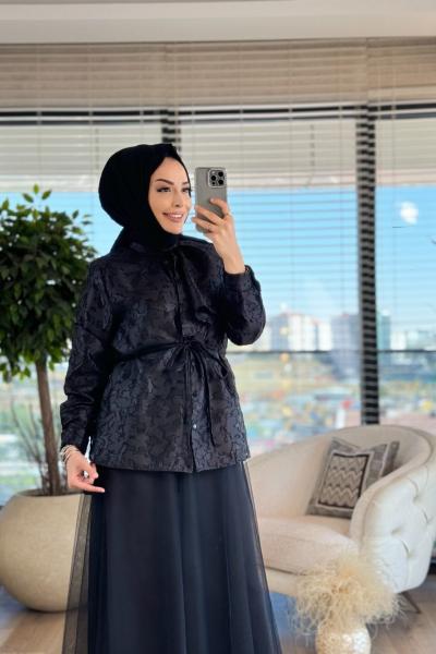 2055 Dantel Güpür Sağ Omuz Parçalı Gömlek Siyah