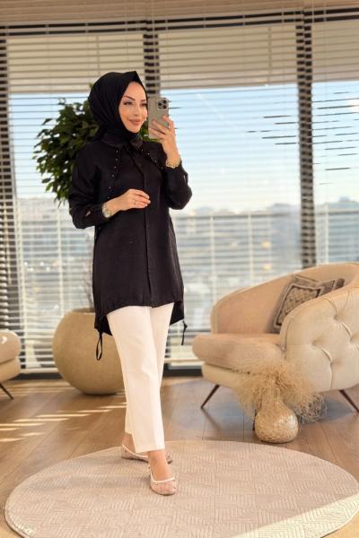 2056 Ön Verev Parça Üstü Zımbalı Gömlek Siyah