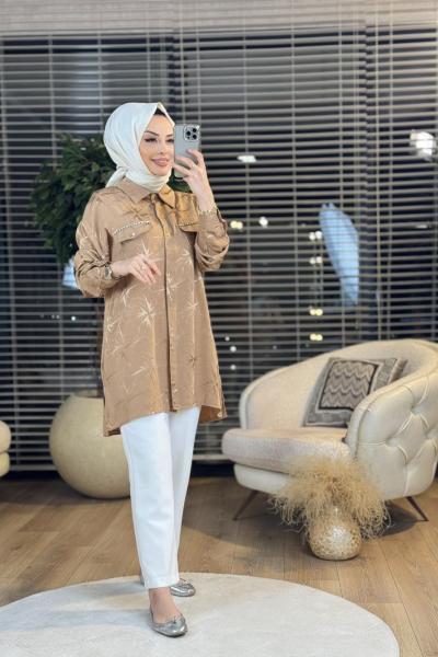 2057 Saten Kendinden Desenli Gömlek Latte