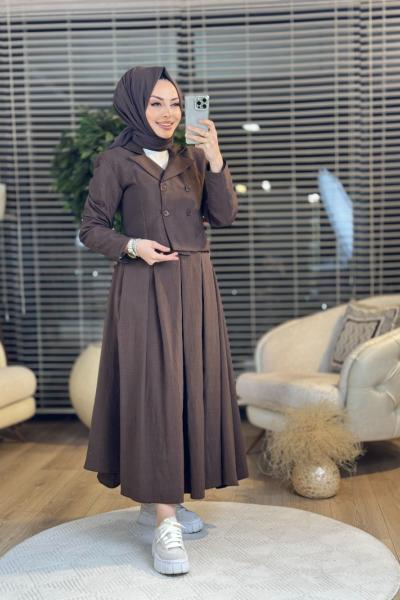 20635 Dört Düğmeli Ceket Etek Takım Kahve