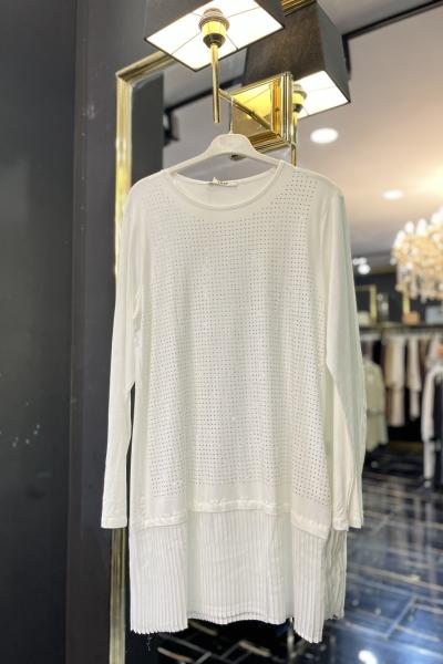 2070 Ön Taş Baskılı Eteği Şifon Piliseli Bluz Ekru