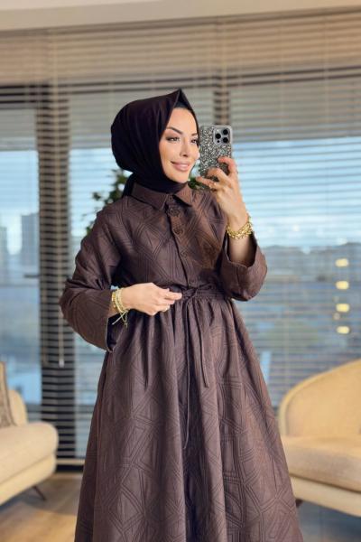 20713 Kendinden Geometrik Desenli Elbise Kahve