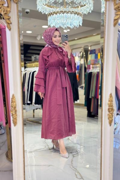 20717 Ön Kol Fırfırlı Elbise Bordo