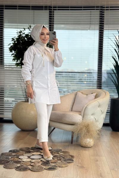 2086 Yanları Bağcıklı Uzun Gömlek Beyaz