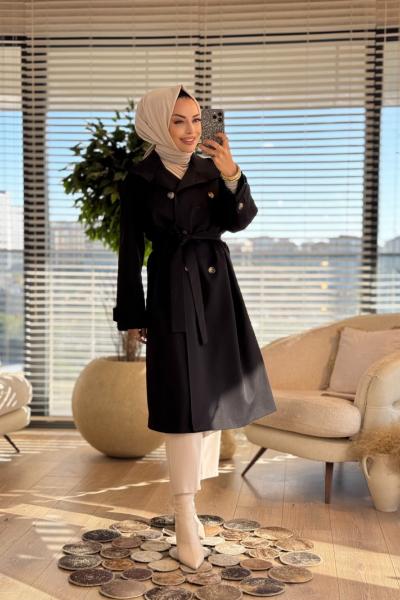 21152 Klasik Altı Düğmeli Trenç Siyah