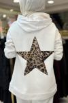 2135 Arkası Desenli Yıldızlı Kapşonlu Tunik Ekru
