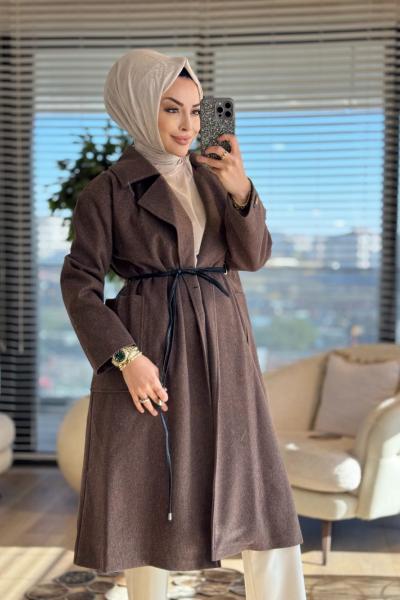 2189 Kaşe Deri Kemerli Uzun Kaban Kahve