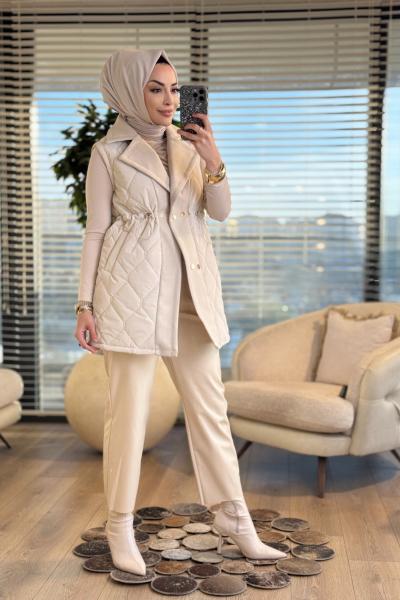 2190 Kapitone Kaşe Detaylı Yelek Taş