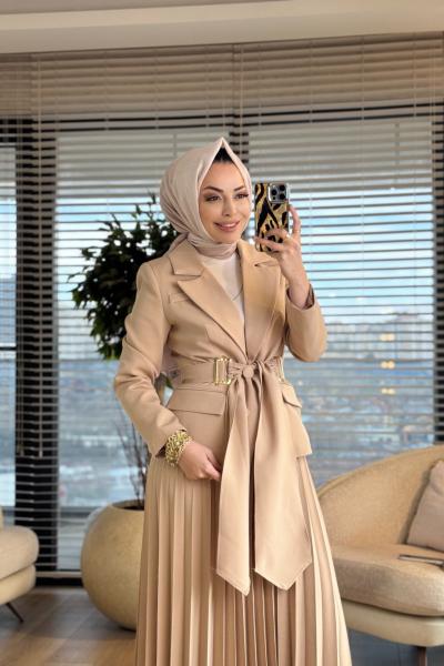 2194-1 İki Düğme Ceket Pilise Etekli Takım Bej