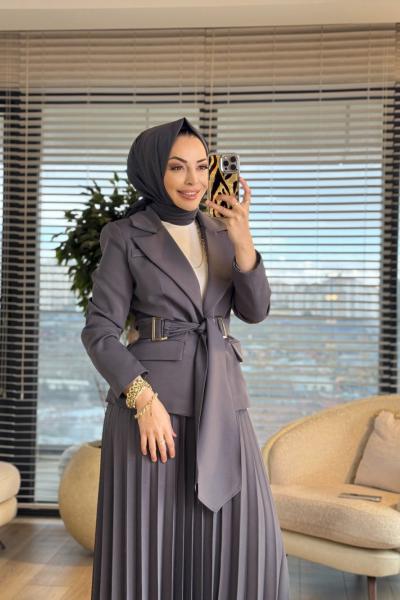 2194-1 İki Düğme Ceket Pilise Etekli Takım Antrasit