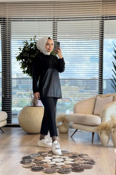 22209 Önü Deri Parçalı Pat Fermuarlı Kapş.Takım Siyah