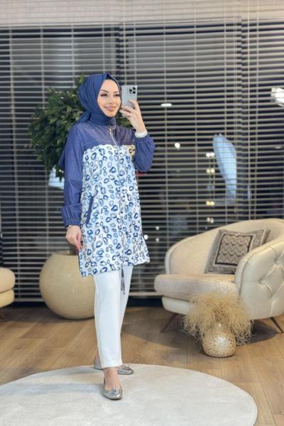 2232 Ön Desenli Fermuarlı Sıfır Yaka Tunik Lacivert