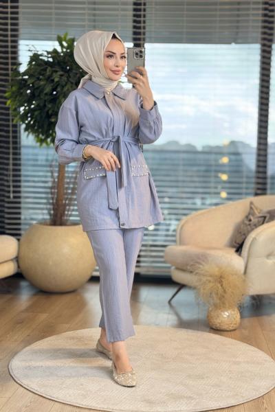 22345 Cep Kapağı Taş İnci İşlemeli Takım Gri