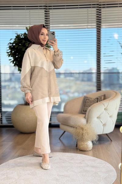 2235 Altı File Üstü Keten Nakışlı Fermuarlı Gömlek Bej