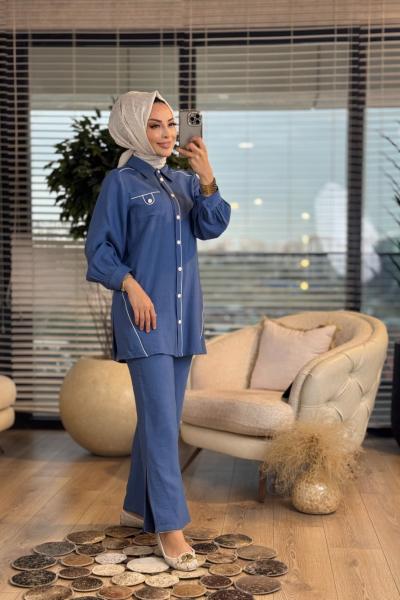 2246 Biye Detaylı Paça Yırtmaçlı Takım İnidgo