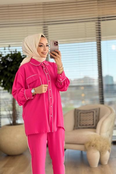 22491 Pat İnci Düğmeli Biye Detaylı Takım Fuşya