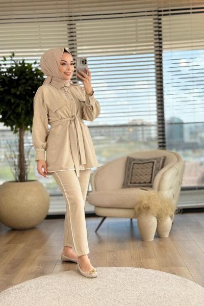 22506 Ön İki Cepli Biye Detaylı Takım Bej