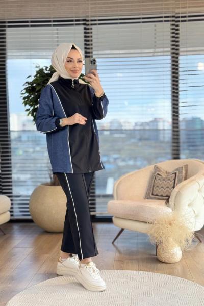 22637 Kolları Kotlu Biye Detaylı Takım Siyah