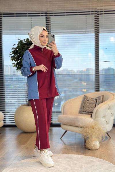 22637 Kolları Kotlu Biye Detaylı Takım Bordo