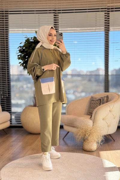 22661 Biye Detaylı Renkli Cepli Takım Haki