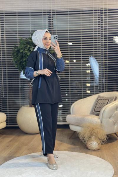 22667 Ön Kol Ve Pantolon Yanı Kot Detay Takım Siyah