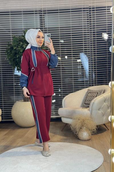 22667 Ön Kol Ve Pantolon Yanı Kot Detay Takım Bordo
