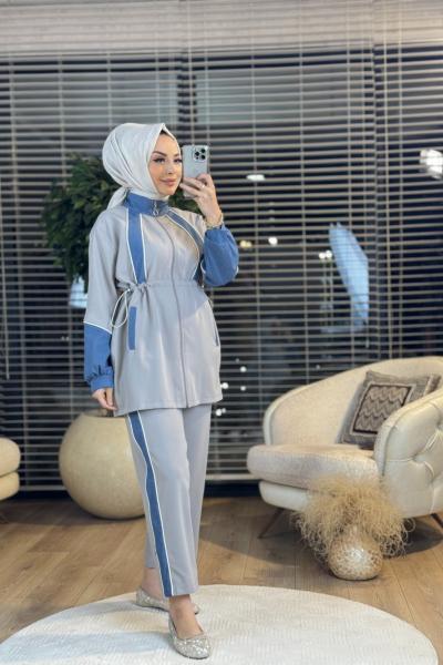 22667 Ön Kol Ve Pantolon Yanı Kot Detay Takım Gri